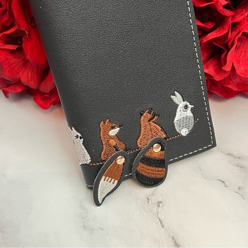 Whimsical Black Vegan Leather Fox Rabbit Raccoon Cat Wallet Clutch - Picture 5 of 14